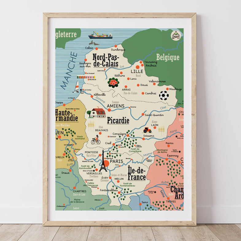 Affiche Carte Région ILE DE FRANCE/ PICARDIE/ NORD PAS DE CALAIS